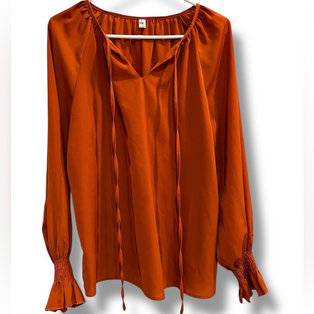 Gathered Ruffle Drapey Top in Deep Ember By Simple Fun Sz L Boho Peasant Cottage